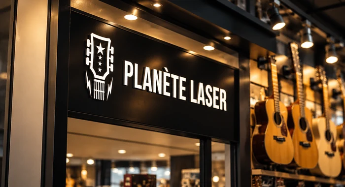L’enseigne Planète Laser et les guitares du magasin